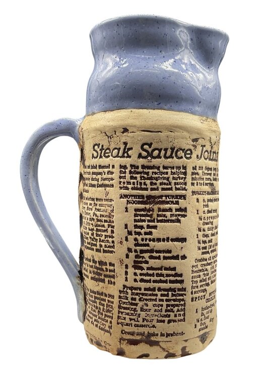 Vtg Style Ceramic Pitcher Recipe Print Rustic Blue Glaze Signed By Evelyn 7.5"H - Picture 1 of 6